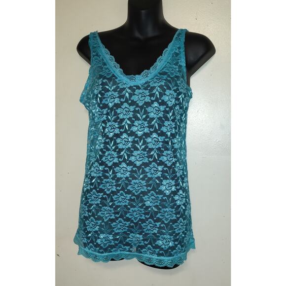 Vintage Y2K Turquoise Lace Tank Top Size 1X Camisole Stretchy Unlined Feminine - Picture 1 of 11